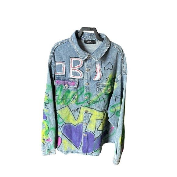 Large Oversized AKIRA Girls Club Graffiti Denim Jacket EUC - Picture 4 of 10